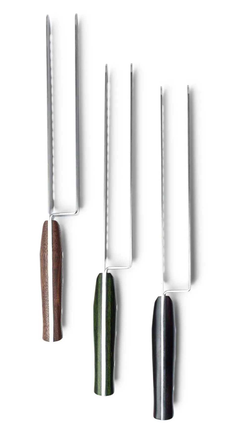 The three handle colors standing upright