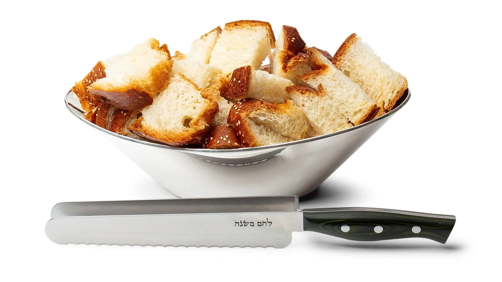 A bowl of cut challah with the Nuu Nuu Knife